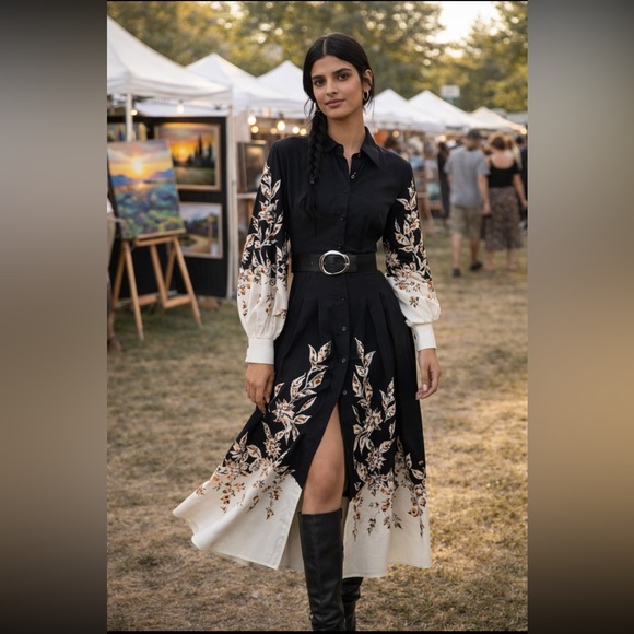 Anthropologie Dresses & Skirts - Anthropologie NWT Long-Sleeve Embellished Midi Shirt Dress size S.